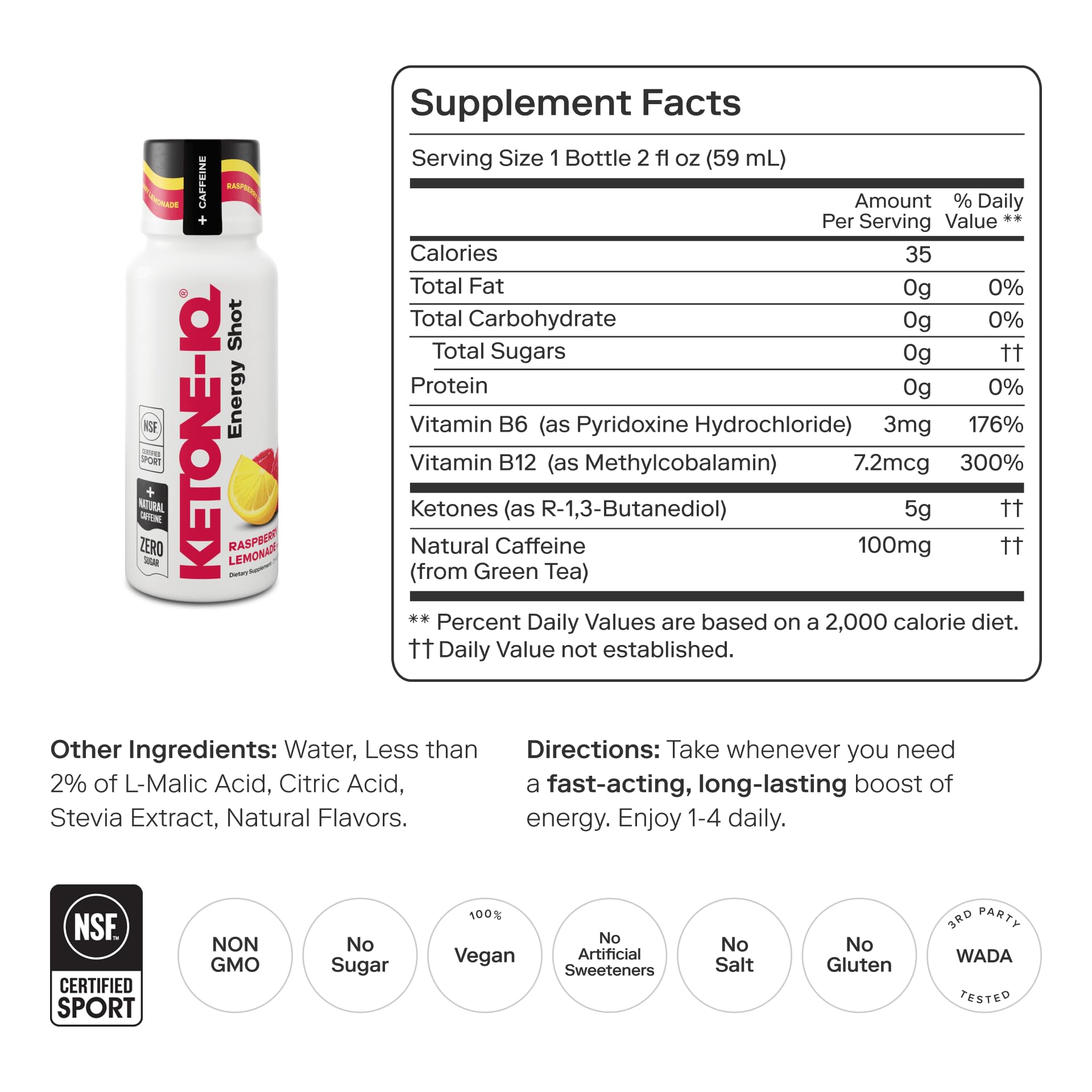 Ketone-IQ Exogenous Ketone Energy Shots with Caffeine - 12 Pack of Green Tea Caffeine Shots with 5g Bioidentical Ketones and B Vitamins - Fast Acting, On The Go Clean Energy Drink (Raspberry Lemonade) - dailyvitalstore