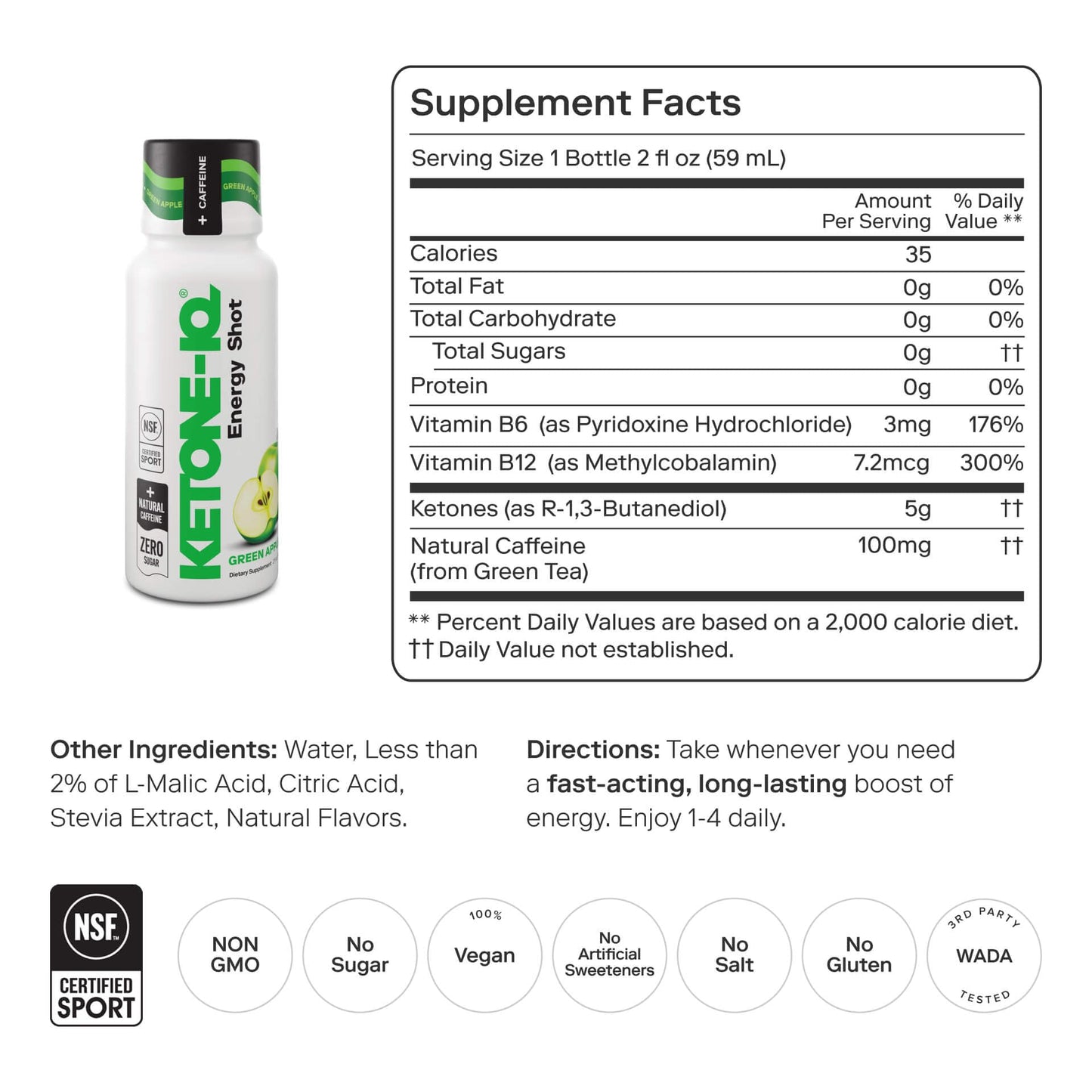 Ketone-IQ Ketone Energy Shots - 100mg Green Tea Caffeine, 5g Exogenous Ketones, and B Vitamins - 24 On The Go Caffeine Shots - Fast Acting Energy Drink (Green Apple) - dailyvitalstore