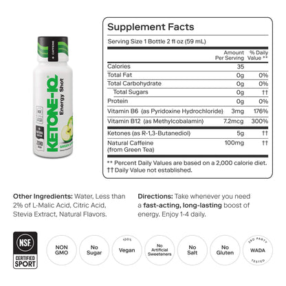 Ketone-IQ Ketone Energy Shots - 100mg Green Tea Caffeine, 5g Exogenous Ketones, and B Vitamins - 24 On The Go Caffeine Shots - Fast Acting Energy Drink (Green Apple) - dailyvitalstore