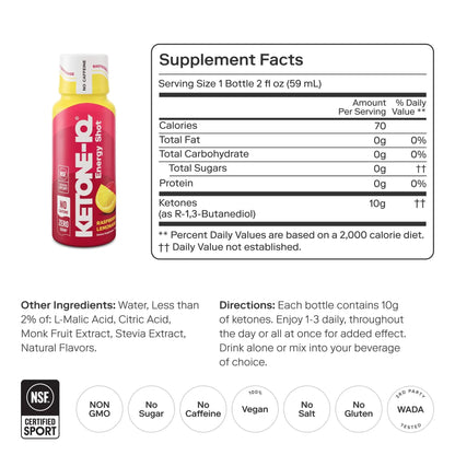 Ketone-IQ No Caffeine Performance Energy Shots – Ketone Fuel for Focus & Endurance, Metabolism Support, 10g Ketones, 12 Pack (Raspberry Lemonade) - dailyvitalstore