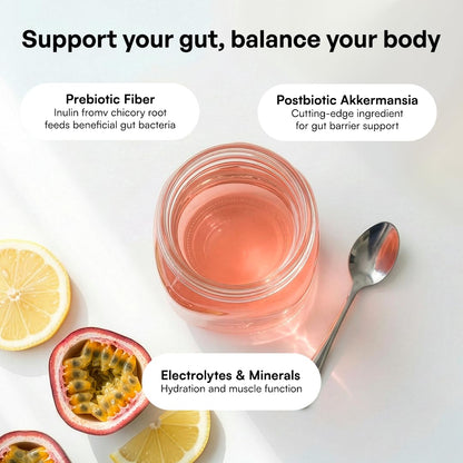KEY NUTRIENTS Gut Health Hydration – Passionfruit Lemonade, Fiber Supplement with 3g Prebiotic Fiber & Akkermansia Probiotics for Women and Men - dailyvitalstore