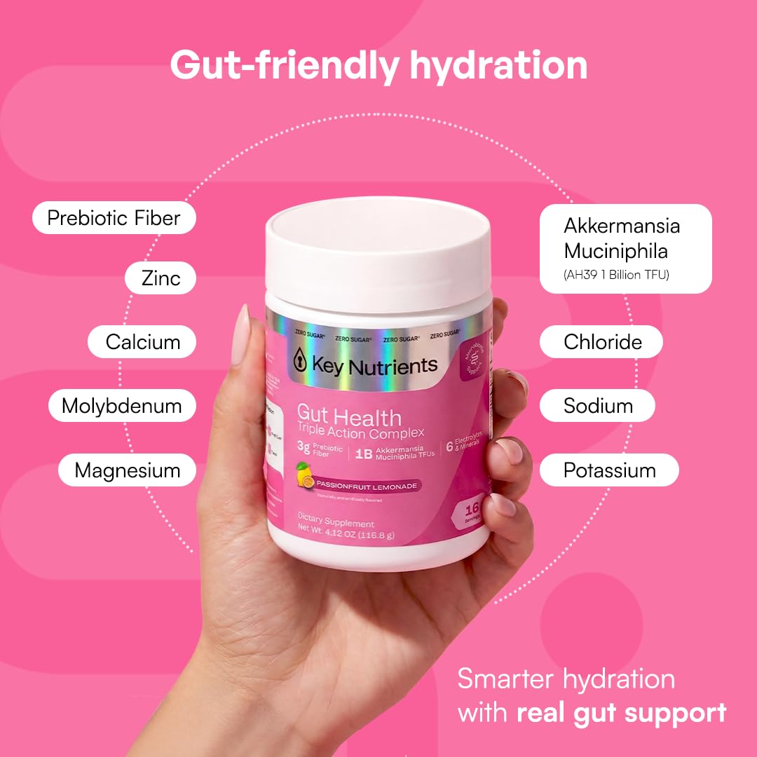 KEY NUTRIENTS Gut Health Hydration – Passionfruit Lemonade, Fiber Supplement with 3g Prebiotic Fiber & Akkermansia Probiotics for Women and Men - dailyvitalstore