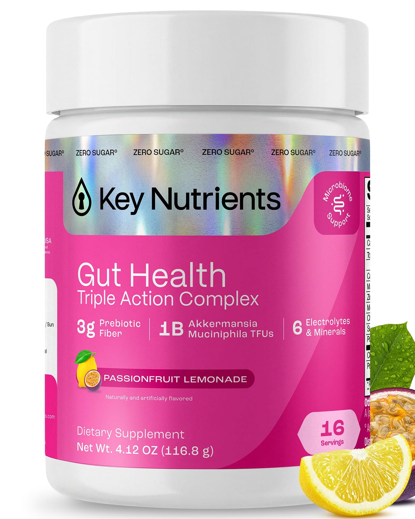 KEY NUTRIENTS Gut Health Hydration – Passionfruit Lemonade, Fiber Supplement with 3g Prebiotic Fiber & Akkermansia Probiotics for Women and Men - dailyvitalstore