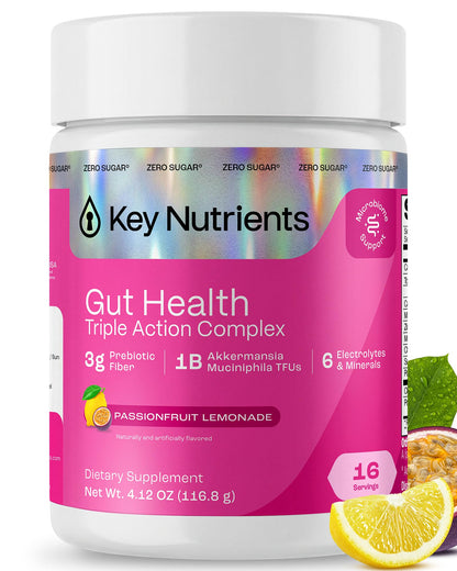 KEY NUTRIENTS Gut Health Hydration – Passionfruit Lemonade, Fiber Supplement with 3g Prebiotic Fiber & Akkermansia Probiotics for Women and Men - dailyvitalstore