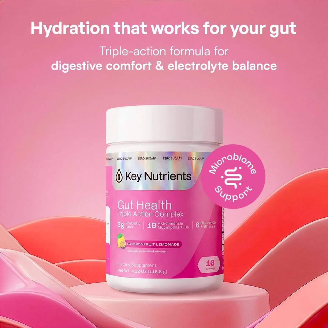 KEY NUTRIENTS Gut Health Hydration – Passionfruit Lemonade, Fiber Supplement with 3g Prebiotic Fiber & Akkermansia Probiotics for Women and Men - dailyvitalstore