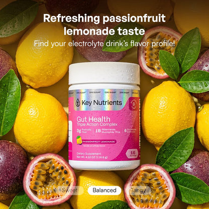 KEY NUTRIENTS Gut Health Hydration – Passionfruit Lemonade, Fiber Supplement with 3g Prebiotic Fiber & Akkermansia Probiotics for Women and Men - dailyvitalstore