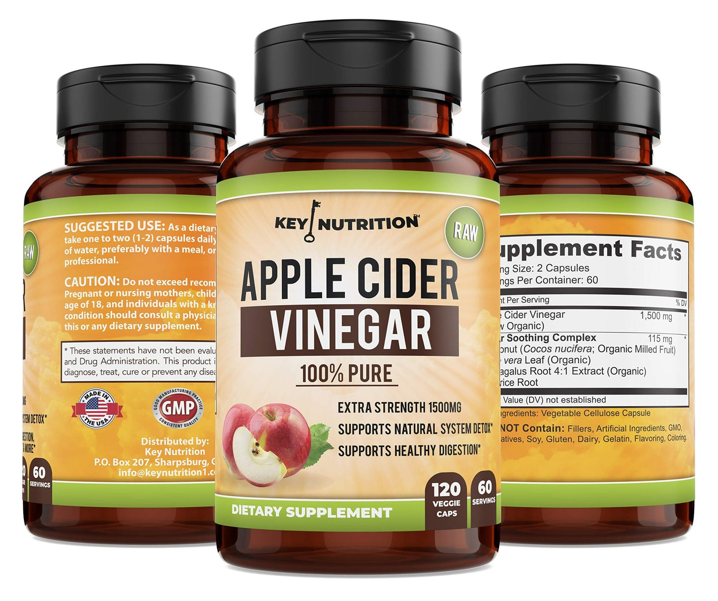 Key Nutrition Apple Cider Vinegar 1500mg, 100% Organic, Pure & Raw - Healthy Digestion & Detox Support - 60 Day Supply - dailyvitalstore