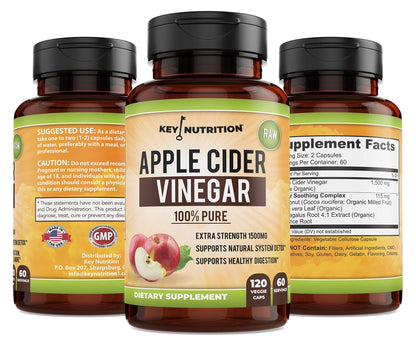 Key Nutrition Apple Cider Vinegar 1500mg, 100% Organic, Pure & Raw - Healthy Digestion & Detox Support - 60 Day Supply - dailyvitalstore