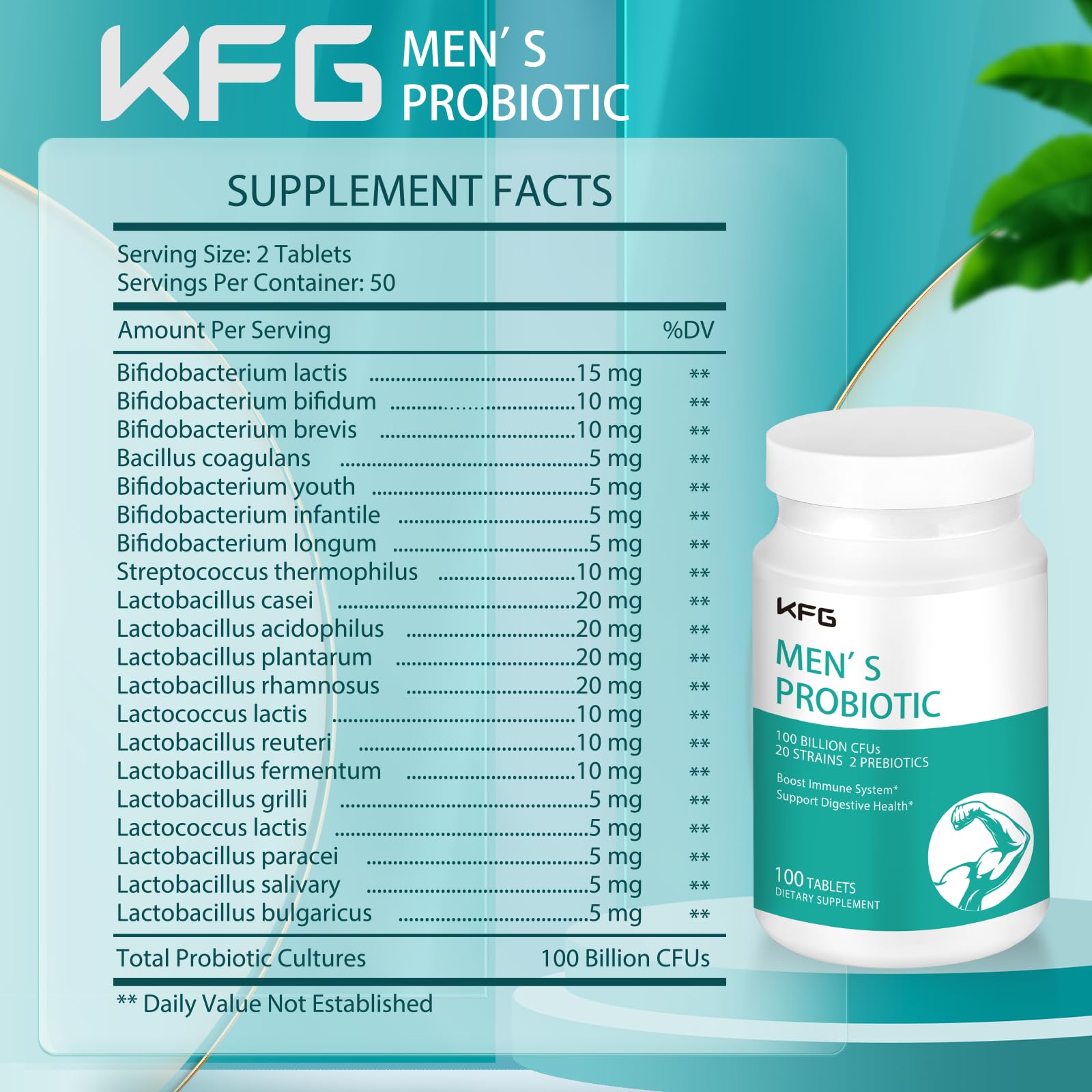 KFG Probiotic Supplement 100 Billion CFU, 20 Strains, 2 Prebiotics and Digestive Enzymes, Supports Digestion, Immune Support, Gut Health and Metabolism, Non-GMO, - dailyvitalstore