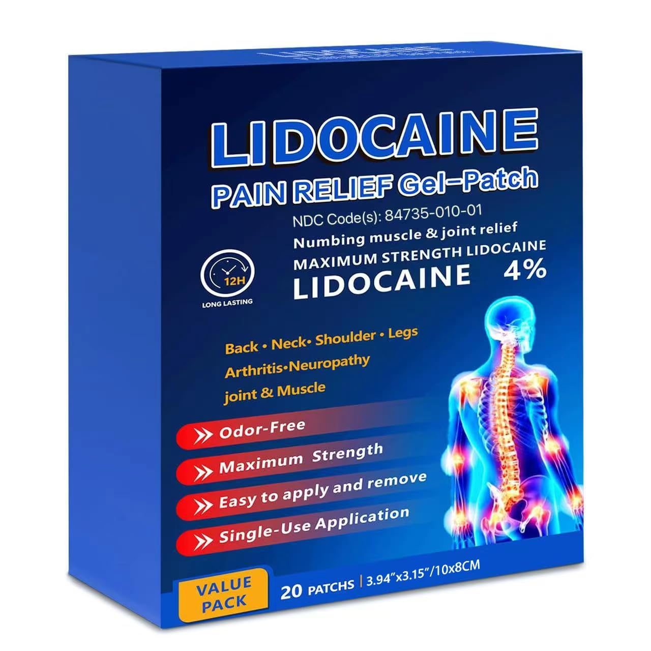 KIbabyDI Professional Lidocaine Pain Relief Patches - 20 Count | 4% Medicated Gel Patches for Targeted Joint & Muscle Comfort | Long-Lasting 12-Hour Relief, Ultra-Flexible Design -lb265 - dailyvitalstore