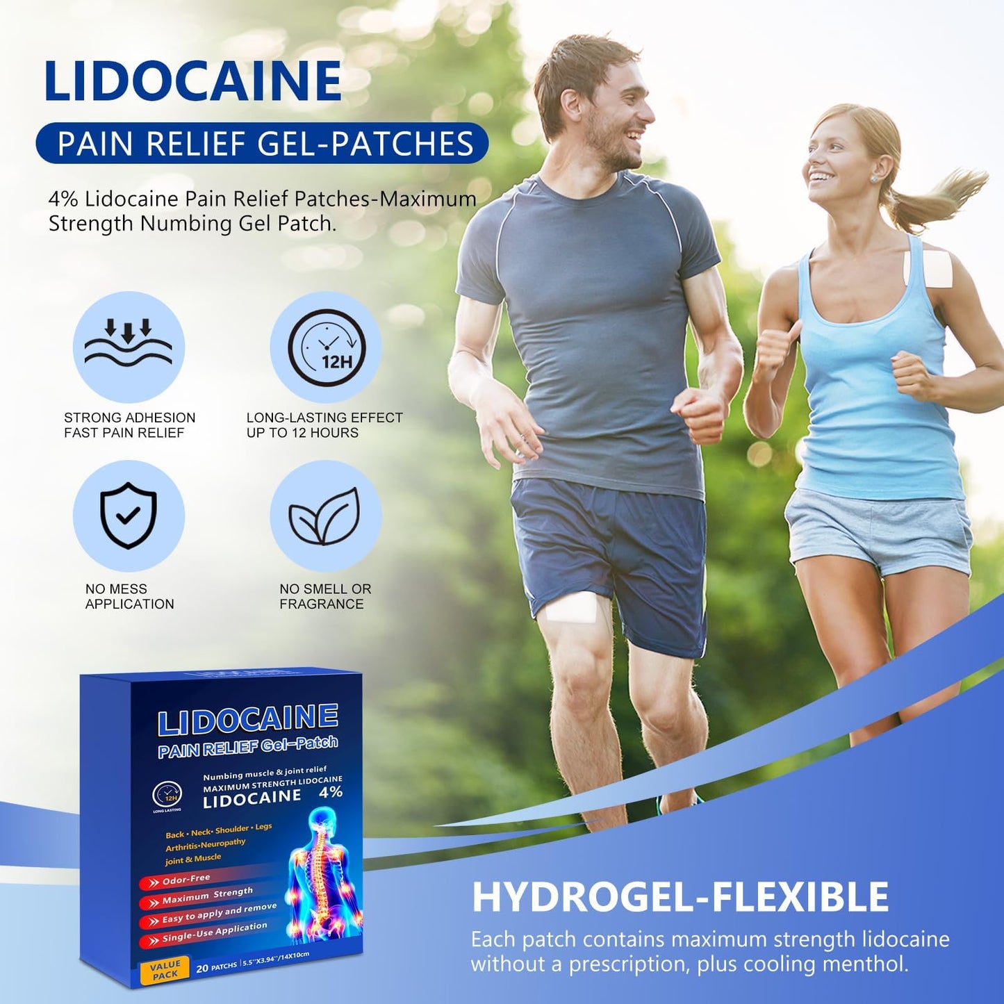 KIbabyDI Professional Lidocaine Pain Relief Patches - 20 Count | 4% Medicated Gel Patches for Targeted Joint & Muscle Comfort | Long-Lasting 12-Hour Relief, Ultra-Flexible Design -lb234 - dailyvitalstore