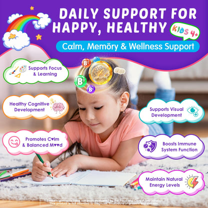 Kids Brain Gummies with Lion's Mane Mushroom, Methyl B6, B9, B12, Supper Greens, Lutein, Brain Booster Supplement for Focus & Attention, Cognitive Function, Vision & Energy, Sugar Free, Vegan 2 Pack - dailyvitalstore