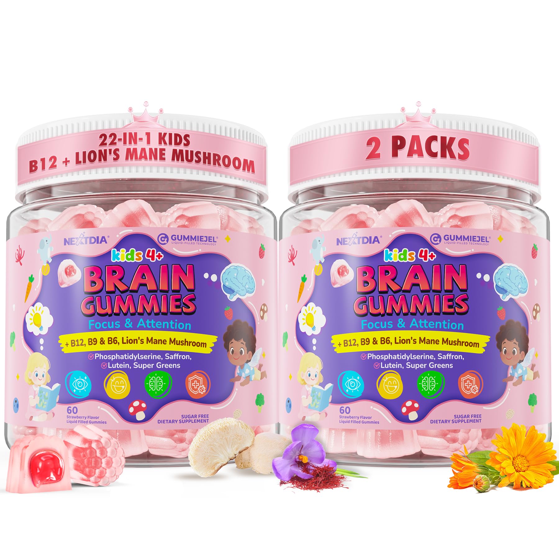 Kids Brain Gummies with Lion's Mane Mushroom, Methyl B6, B9, B12, Supper Greens, Lutein, Brain Booster Supplement for Focus & Attention, Cognitive Function, Vision & Energy, Sugar Free, Vegan 2 Pack - dailyvitalstore