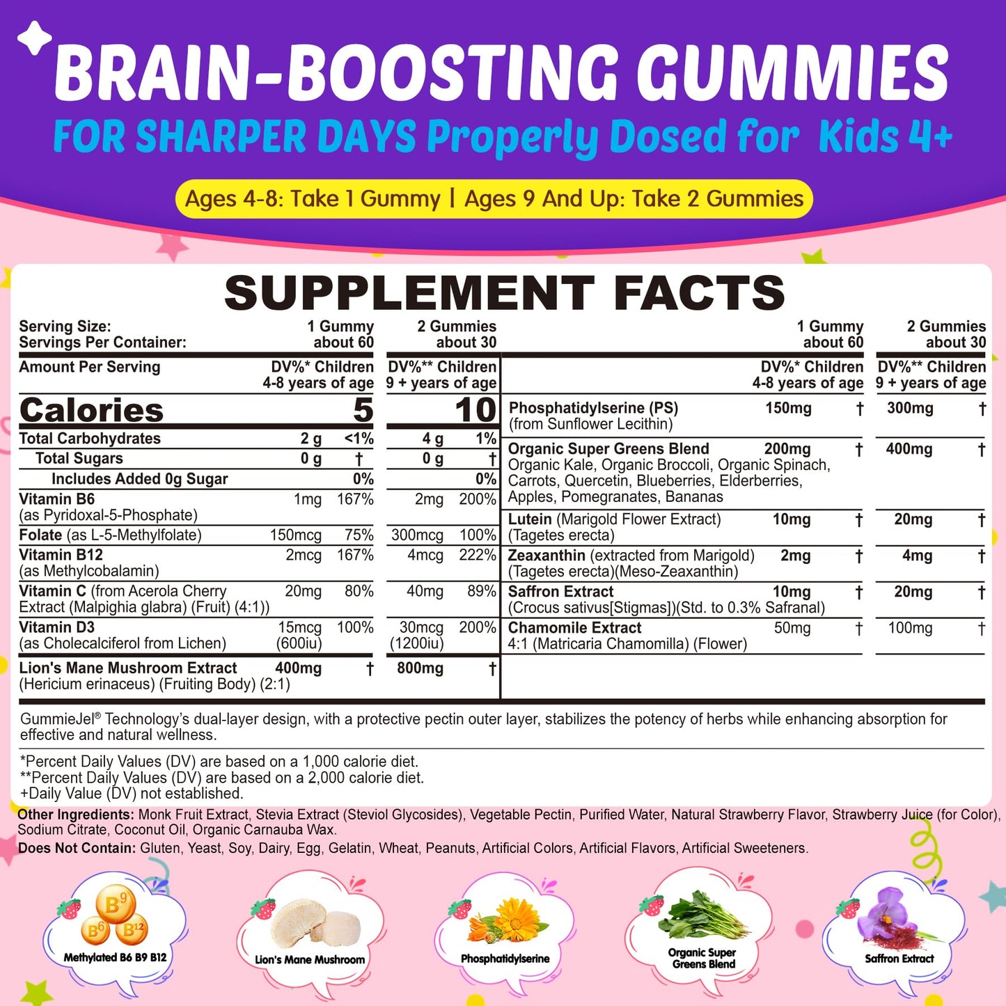 Kids Brain Gummies with Lion's Mane Mushroom, Methyl B6, B9, B12, Supper Greens, Lutein, Brain Booster Supplement for Focus & Attention, Cognitive Function, Vision & Energy, Sugar Free, Vegan 2 Pack - dailyvitalstore