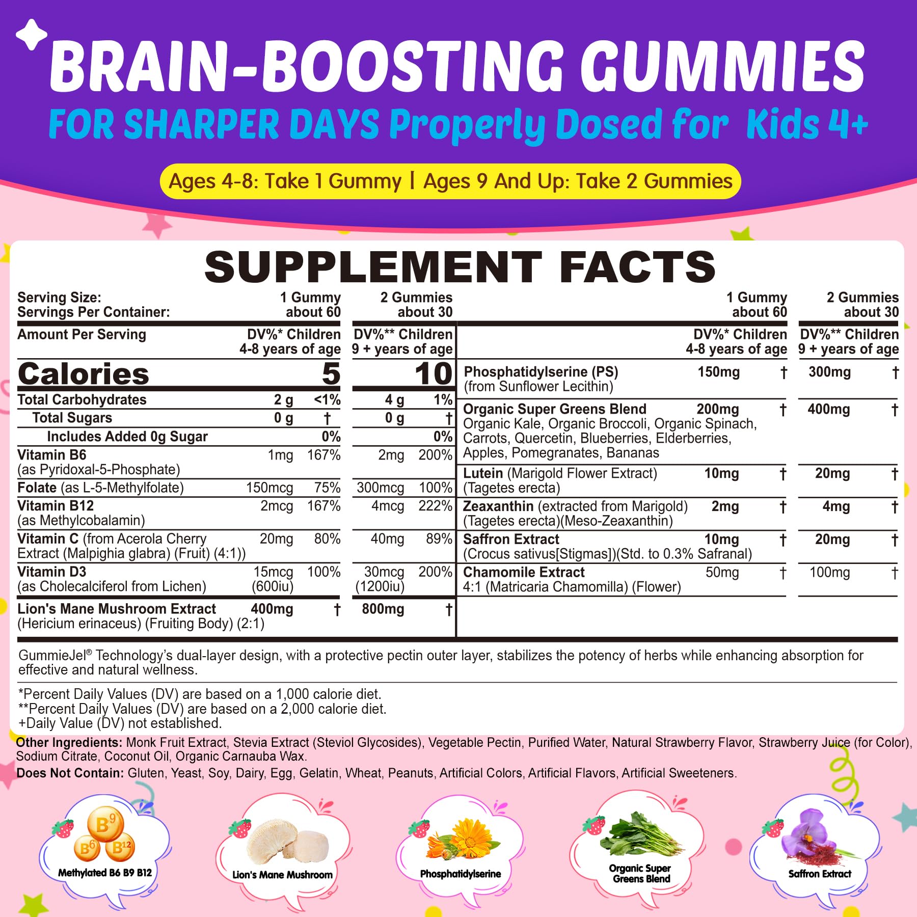 Kids Brain Gummies with Lion's Mane Mushroom, Methyl B6, B9, B12, Supper Greens, Lutein, Brain Booster Supplement for Focus & Attention, Cognitive Function, Vision & Energy, Sugar Free, Vegan 2 Pack - dailyvitalstore