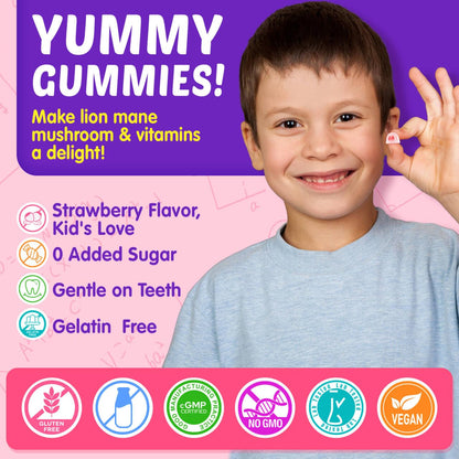 Kids Brain Gummies with Lion's Mane Mushroom, Methyl B6, B9, B12, Supper Greens, Lutein, Brain Booster Supplement for Focus & Attention, Cognitive Function, Vision & Energy, Sugar Free, Vegan 2 Pack - dailyvitalstore