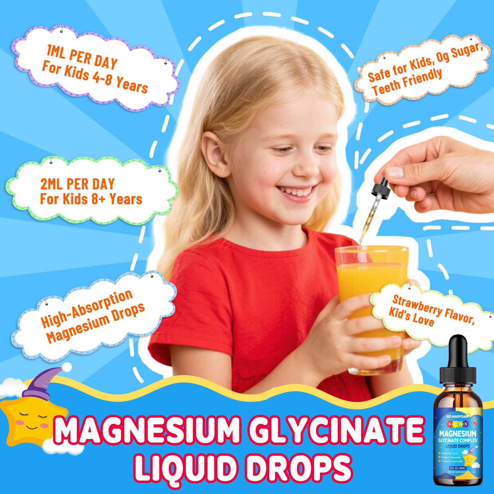 Kids Magnesium Glycinate Liquid Drops‌ – with L-Theanine, Omega-3, Vitamins B6 & D3, Zinc & Calcium – for Sleep Support, Relaxation, Focus & Brain, Bones – Strawberry Flavor, 2 Fl Oz - dailyvitalstore