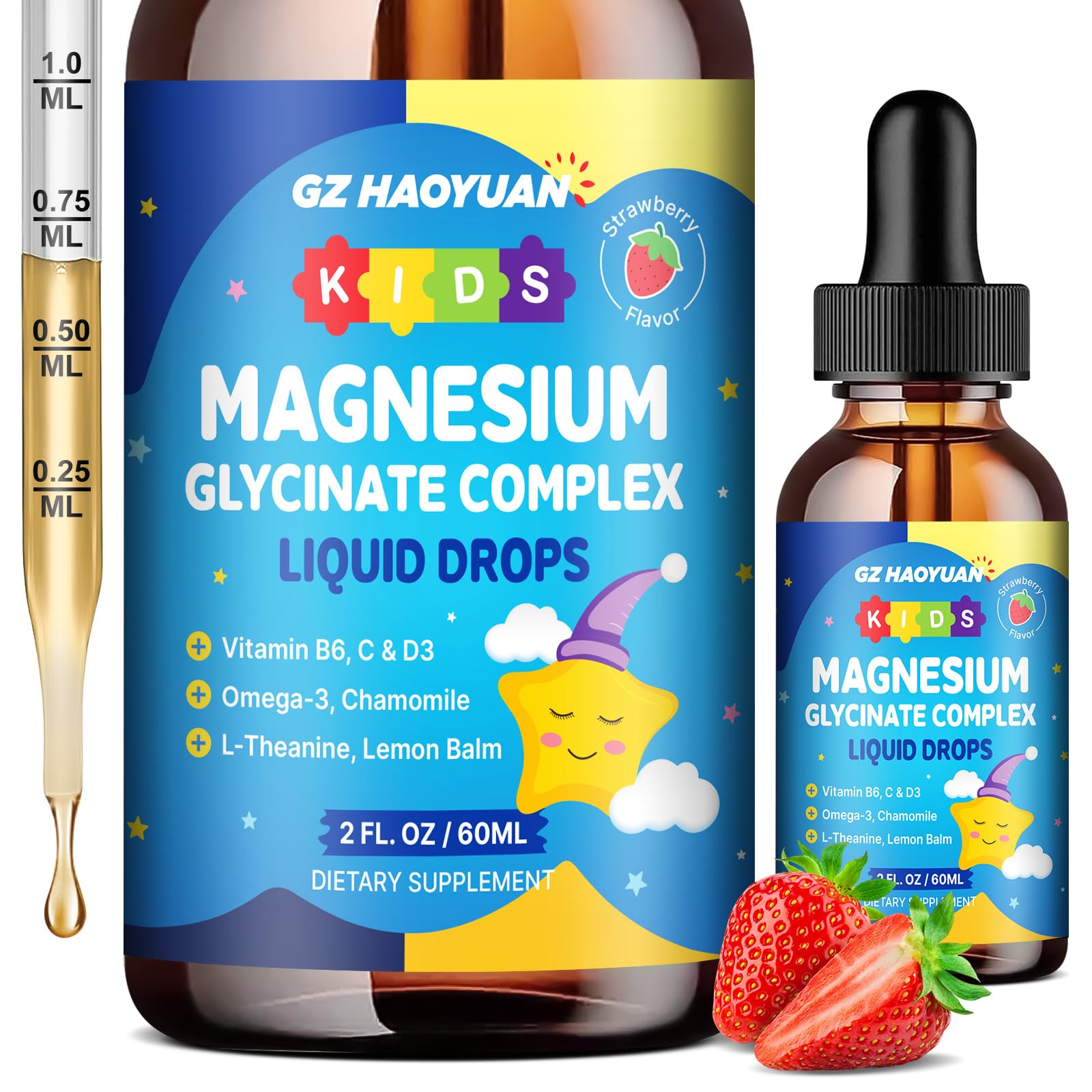 Kids Magnesium Glycinate Liquid Drops‌ – with L-Theanine, Omega-3, Vitamins B6 & D3, Zinc & Calcium – for Sleep Support, Relaxation, Focus & Brain, Bones – Strawberry Flavor, 2 Fl Oz - dailyvitalstore
