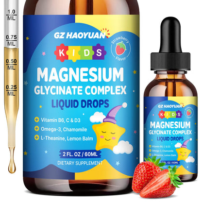Kids Magnesium Glycinate Liquid Drops‌ – with L-Theanine, Omega-3, Vitamins B6 & D3, Zinc & Calcium – for Sleep Support, Relaxation, Focus & Brain, Bones – Strawberry Flavor, 2 Fl Oz - dailyvitalstore