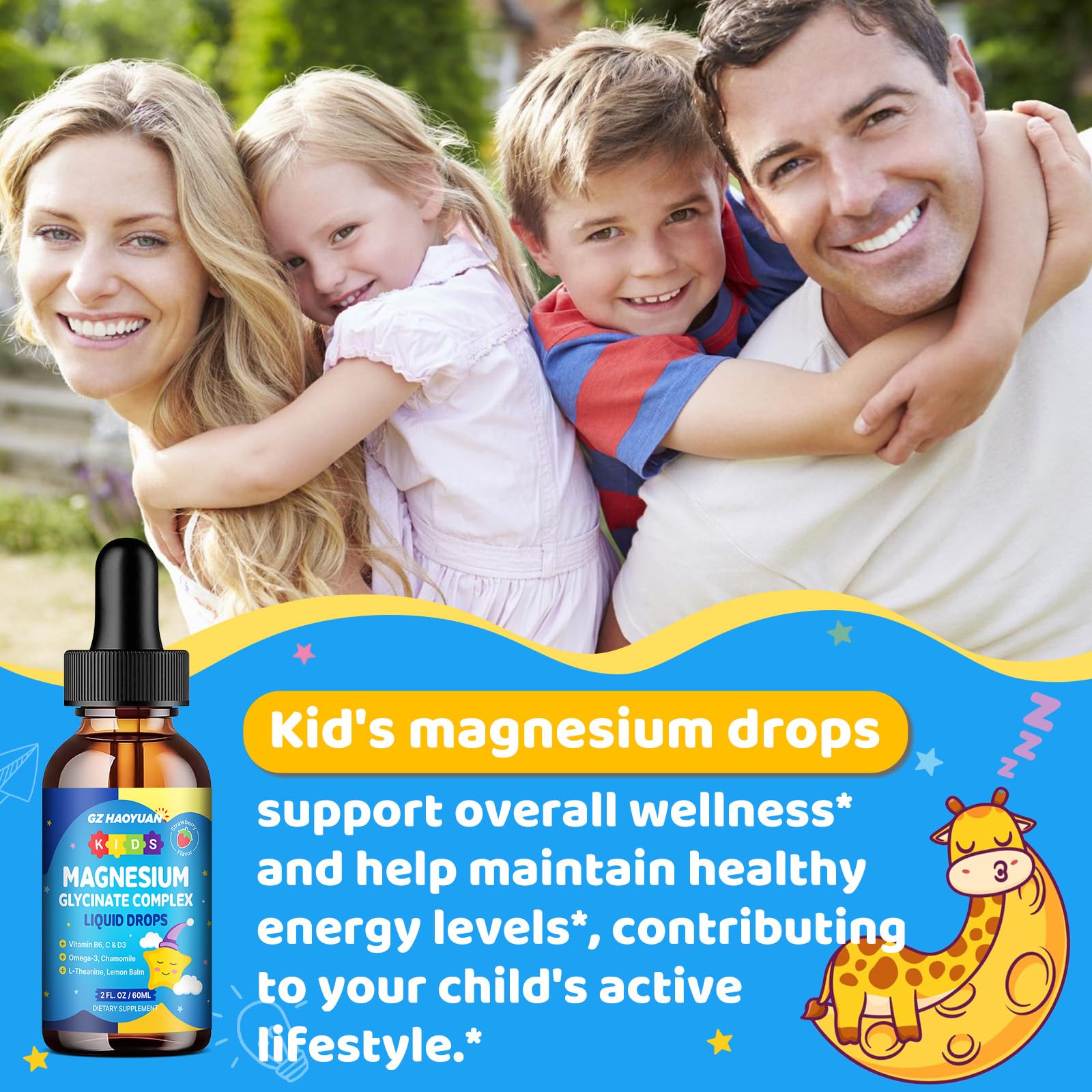 Kids Magnesium Glycinate Liquid Drops‌ – with L-Theanine, Omega-3, Vitamins B6 & D3, Zinc & Calcium – for Sleep Support, Relaxation, Focus & Brain, Bones – Strawberry Flavor, 2 Fl Oz - dailyvitalstore