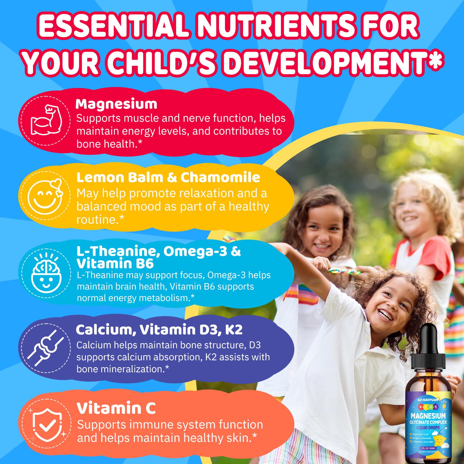 Kids Magnesium Glycinate Liquid Drops‌ – with L-Theanine, Omega-3, Vitamins B6 & D3, Zinc & Calcium – for Sleep Support, Relaxation, Focus & Brain, Bones – Strawberry Flavor, 2 Fl Oz - dailyvitalstore