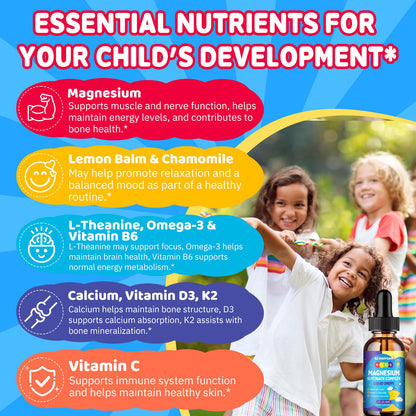 Kids Magnesium Glycinate Liquid Drops‌ – with L-Theanine, Omega-3, Vitamins B6 & D3, Zinc & Calcium – for Sleep Support, Relaxation, Focus & Brain, Bones – Strawberry Flavor, 2 Fl Oz - dailyvitalstore