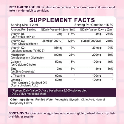 Kids Magnesium Glycinate Sleep Liquid Drops – Sleep & Calm Support with L-Theanine – Melatonin-Free, Sugar-Free Vegan Raspberry Supplement – 2 Bottles, 30ml Each - dailyvitalstore