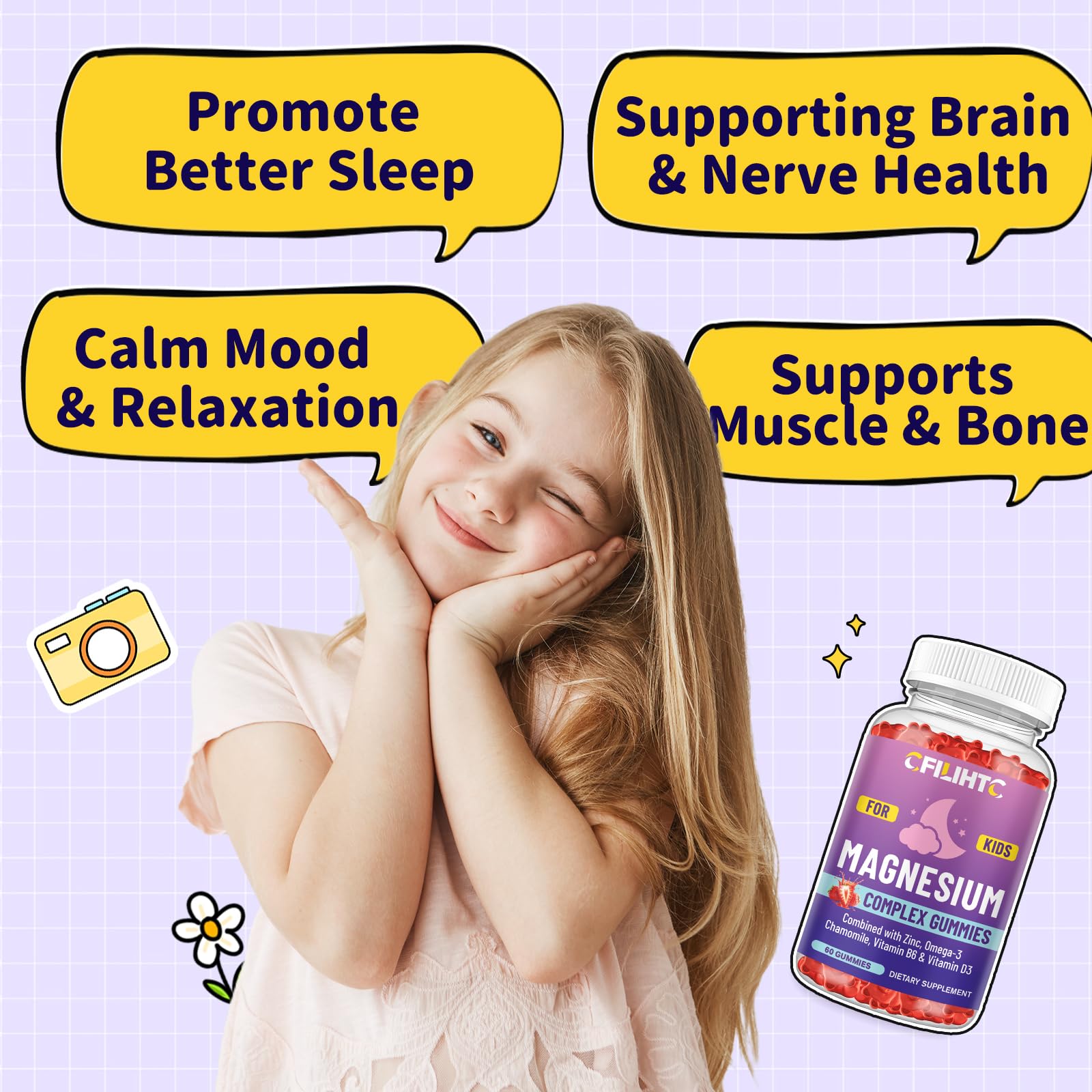 Kids Magnesium Gummies-Magnesium Glycinate Gummies for Kids Supplement-w/Zinc, Chamomile, Omega-3, Vitamin B6, D3 - for Sleep, Relaxation, Brain, Bones, Children's Calm, Sugar Free Strawberry 60ct - dailyvitalstore