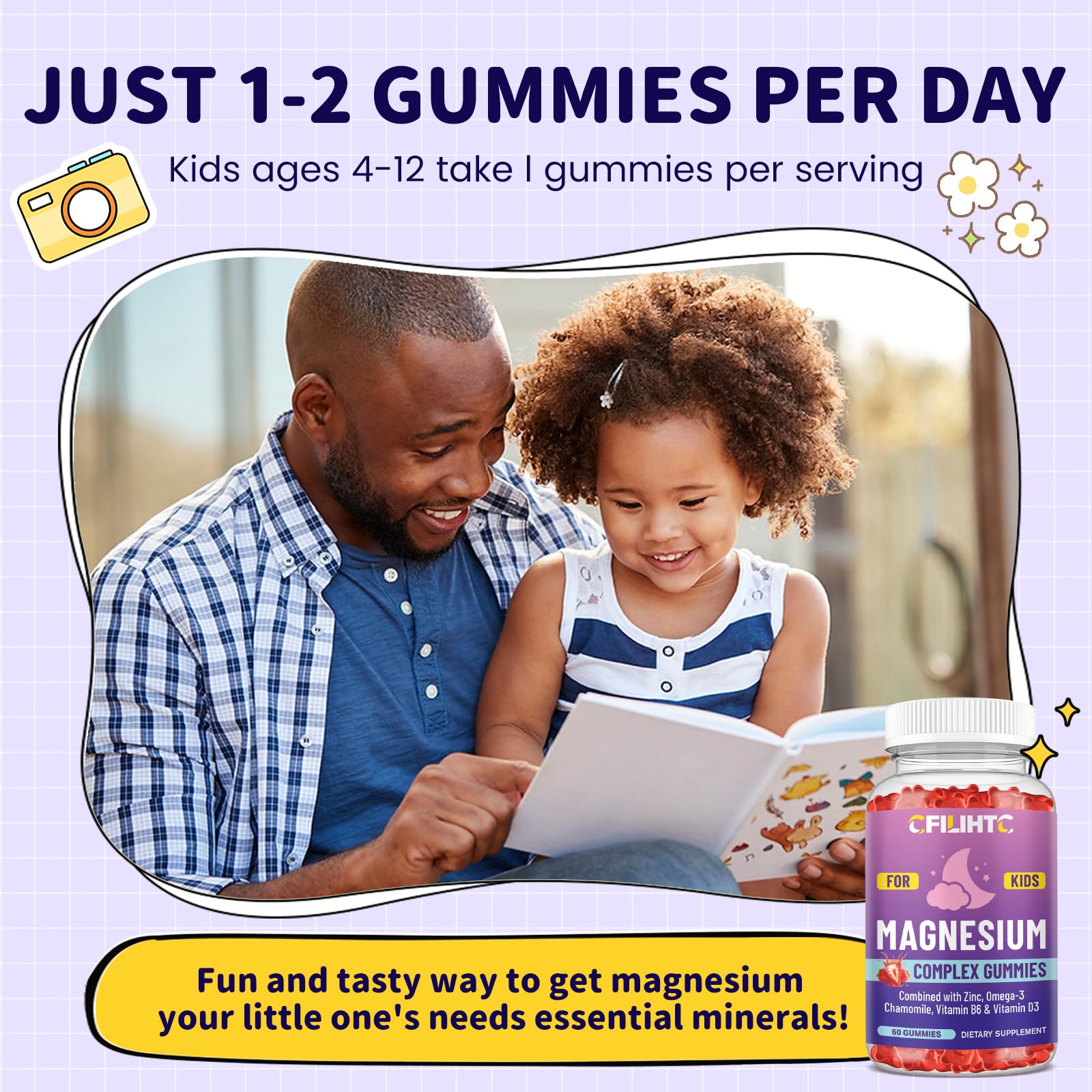 Kids Magnesium Gummies-Magnesium Glycinate Gummies for Kids Supplement-w/Zinc, Chamomile, Omega-3, Vitamin B6, D3 - for Sleep, Relaxation, Brain, Bones, Children's Calm, Sugar Free Strawberry 60ct - dailyvitalstore
