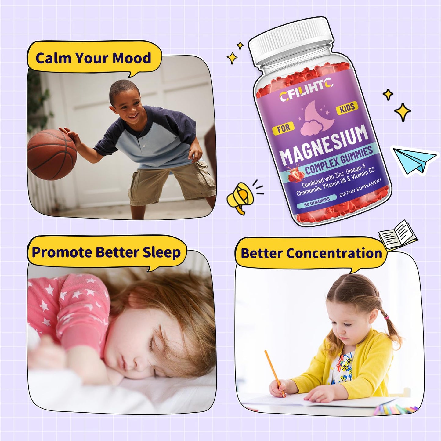 Kids Magnesium Gummies-Magnesium Glycinate Gummies for Kids Supplement-w/Zinc, Chamomile, Omega-3, Vitamin B6, D3 - for Sleep, Relaxation, Brain, Bones, Children's Calm, Sugar Free Strawberry 60ct - dailyvitalstore