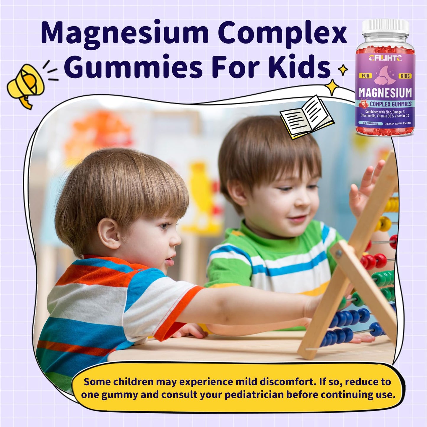 Kids Magnesium Gummies-Magnesium Glycinate Gummies for Kids Supplement-w/Zinc, Chamomile, Omega-3, Vitamin B6, D3 - for Sleep, Relaxation, Brain, Bones, Children's Calm, Sugar Free Strawberry 60ct - dailyvitalstore