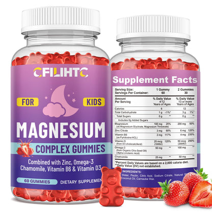 Kids Magnesium Gummies-Magnesium Glycinate Gummies for Kids Supplement-w/Zinc, Chamomile, Omega-3, Vitamin B6, D3 - for Sleep, Relaxation, Brain, Bones, Children's Calm, Sugar Free Strawberry 60ct - dailyvitalstore