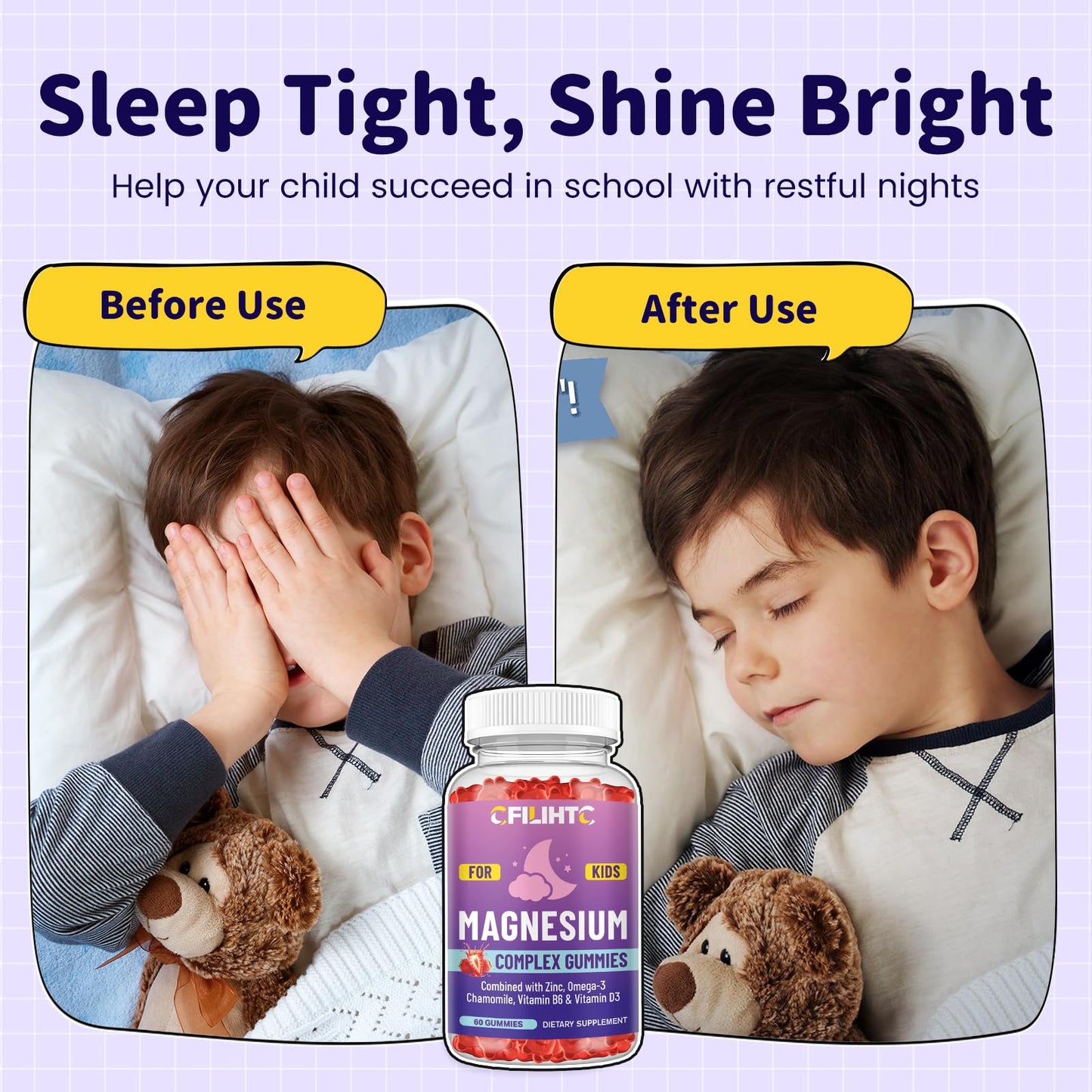 Kids Magnesium Gummies-Magnesium Glycinate Gummies for Kids Supplement-w/Zinc, Chamomile, Omega-3, Vitamin B6, D3 - for Sleep, Relaxation, Brain, Bones, Children's Calm, Sugar Free Strawberry 60ct - dailyvitalstore