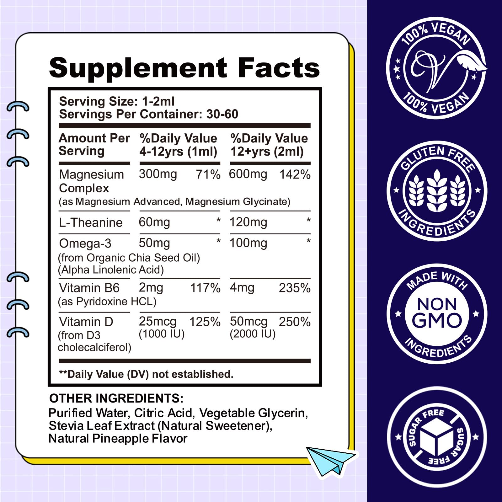 Kids Magnesium Liquid Drops-Magnesium Glycinate Liquid for Kids Supplement-w/L-theanine, Omega-3, Vitamin B6, D3 - for Sleep, Relaxation, Brain, Bones - 4 Fl Oz Children's Calm - dailyvitalstore