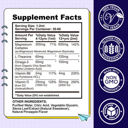 Kids Magnesium Liquid Drops-Magnesium Glycinate Liquid for Kids Supplement-w/L-theanine, Omega-3, Vitamin B6, D3 - for Sleep, Relaxation, Brain, Bones - 4 Fl Oz Children's Calm - dailyvitalstore