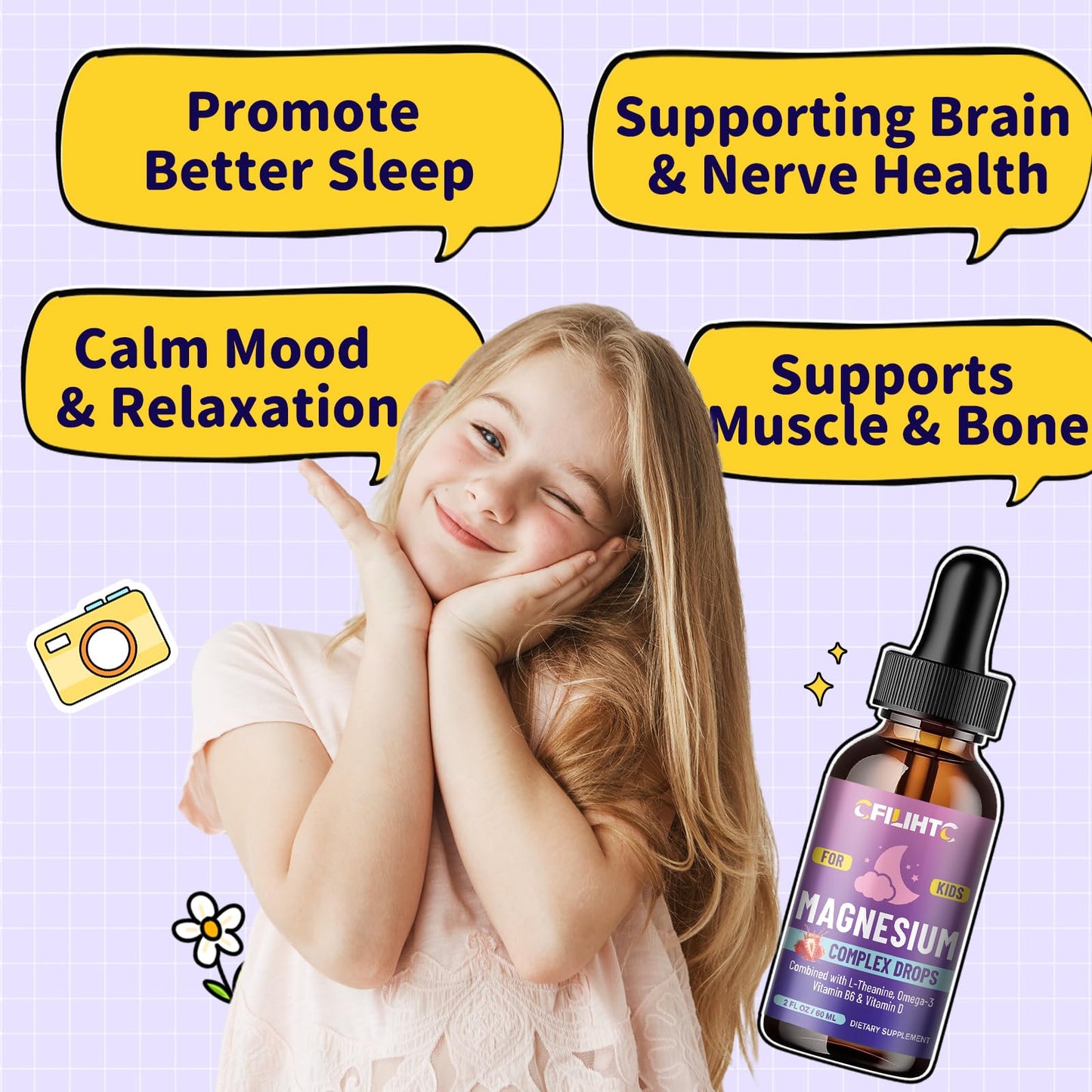 Kids Magnesium Liquid Drops-Magnesium Glycinate Liquid for Kids Supplement-w/L-theanine, Omega-3, Vitamin B6, D3 - for Sleep, Relaxation, Brain, Bones - 4 Fl Oz Children's Calm - dailyvitalstore