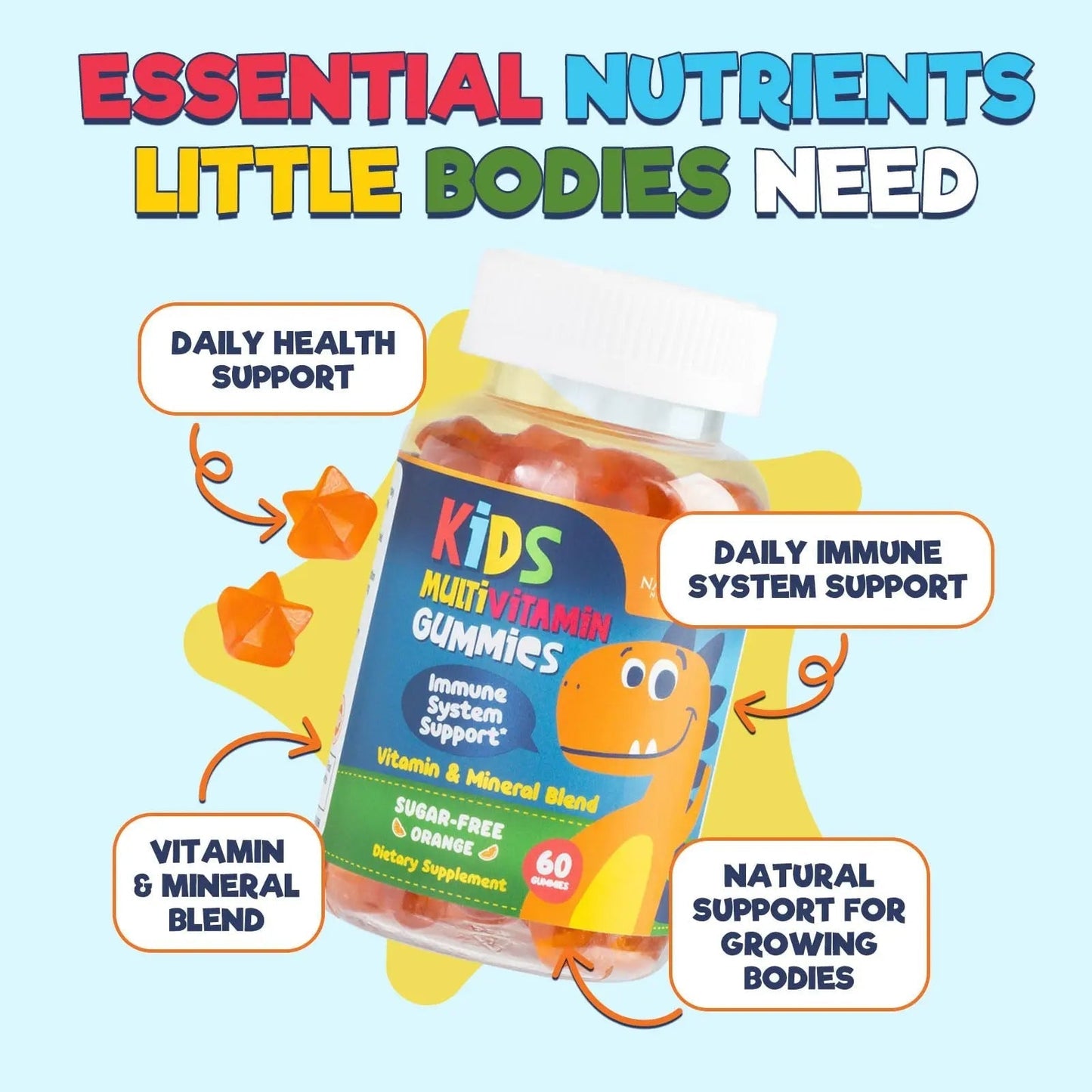 Kids Multivitamin Gummies - Improved Sugar-Free Formula - 100% Daily Folate, Kids Vitamins with Essential Vitamins A, C, D3, E, B6, B12 - dailyvitalstore