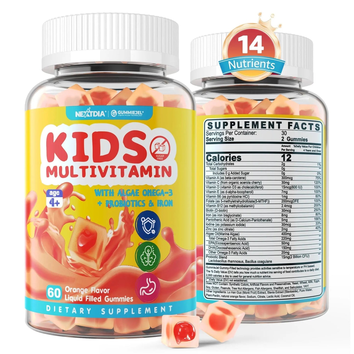 Kids Multivitamin Gummies with Iron, Sugar Free, Kids Daily Vitamins + Probiotics, Algae Omega 3 (EPA/DHA), A, C, D, Methyl B12, Folate, B6, Zinc, Biotin - dailyvitalstore