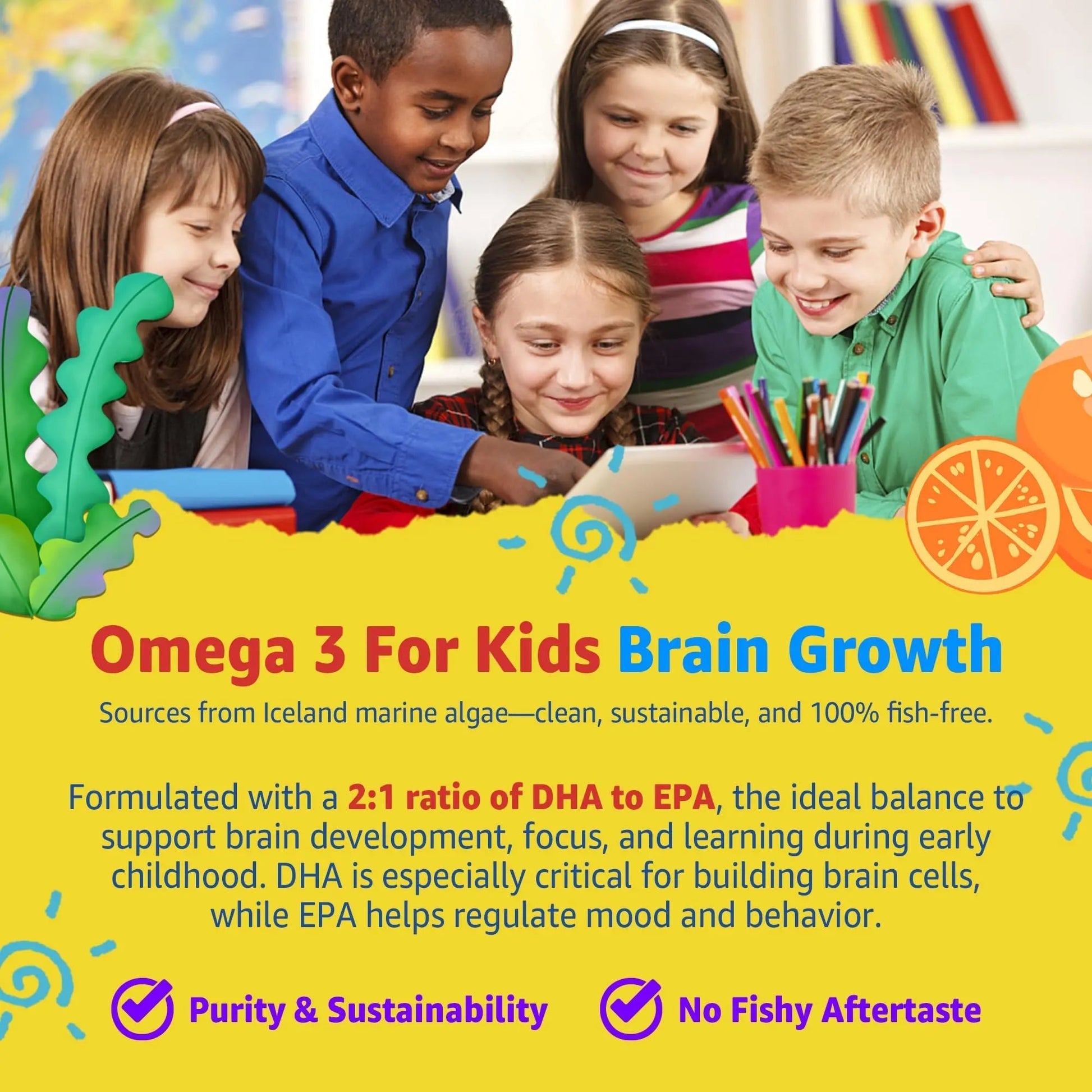 Kids Multivitamin Gummies with Iron, Sugar Free, Kids Daily Vitamins + Probiotics, Algae Omega 3 (EPA/DHA), A, C, D, Methyl B12, Folate, B6, Zinc, Biotin - dailyvitalstore