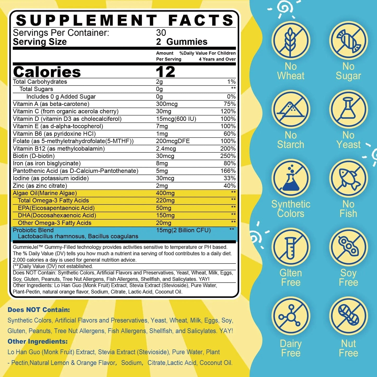 Kids Multivitamin Gummies with Iron, Sugar Free, Kids Daily Vitamins + Probiotics, Algae Omega 3 (EPA/DHA), A, C, D, Methyl B12, Folate, B6, Zinc, Biotin - dailyvitalstore