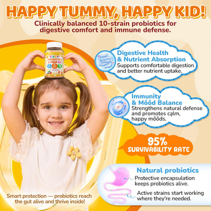 Kids Probiotic + Prebiotic Fiber Gummies 5G, 12 Billion CFU Probiotic & Veggie Fruit Fiber, w/ Organic Inulin, Methyl B12 B6 D3 C, Lutein for Children's Digestive & Gut, - dailyvitalstore