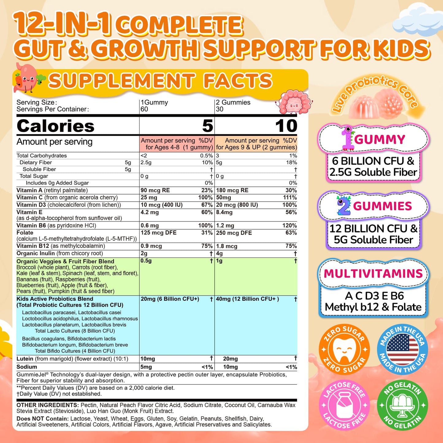 Kids Probiotic + Prebiotic Fiber Gummies 5G, 12 Billion CFU Probiotic & Veggie Fruit Fiber, w/ Organic Inulin, Methyl B12 B6 D3 C, Lutein for Children's Digestive & Gut, - dailyvitalstore