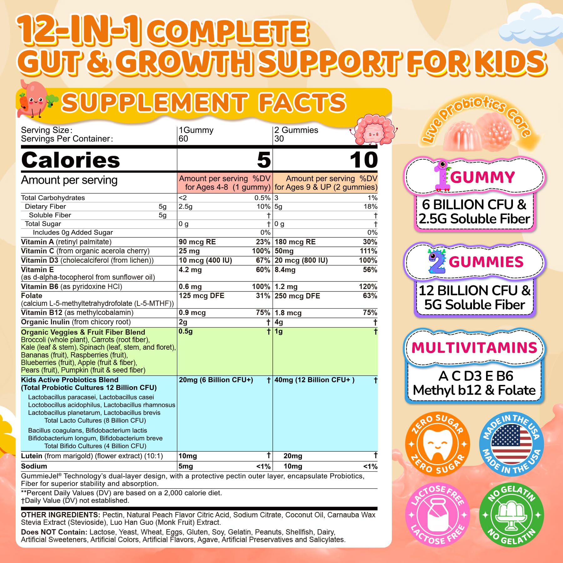 Kids Probiotic + Prebiotic Fiber Gummies 5G, 12 Billion CFU Probiotic & Veggie Fruit Fiber, w/ Organic Inulin, Methyl B12 B6 D3 C, Lutein for Children's Digestive & Gut, - dailyvitalstore