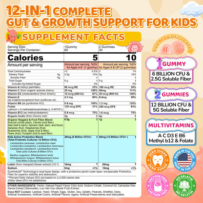Kids Probiotic + Prebiotic Fiber Gummies 5G, 12 Billion CFU Probiotic & Veggie Fruit Fiber, w/ Organic Inulin, Methyl B12 B6 D3 C, Lutein for Children's Digestive & Gut, - dailyvitalstore
