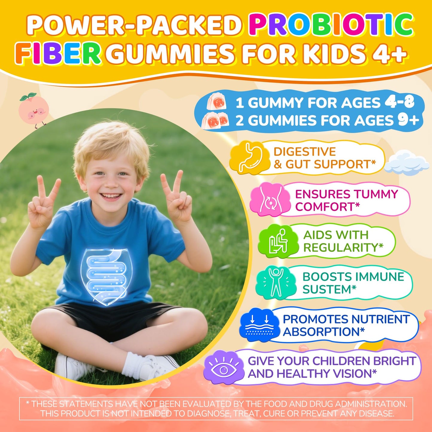 Kids Probiotic + Prebiotic Fiber Gummies 5G, 12 Billion CFU Probiotic & Veggie Fruit Fiber, w/ Organic Inulin, Methyl B12 B6 D3 C, Lutein for Children's Digestive & Gut, - dailyvitalstore