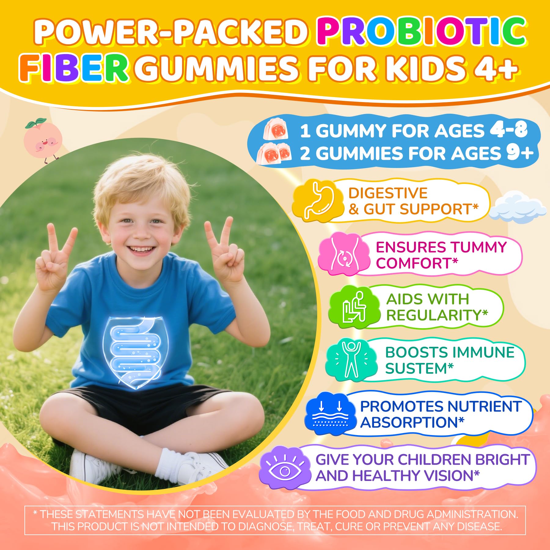 Kids Probiotic + Prebiotic Fiber Gummies 5G, 12 Billion CFU Probiotic & Veggie Fruit Fiber, w/ Organic Inulin, Methyl B12 B6 D3 C, Lutein for Children's Digestive & Gut, - dailyvitalstore