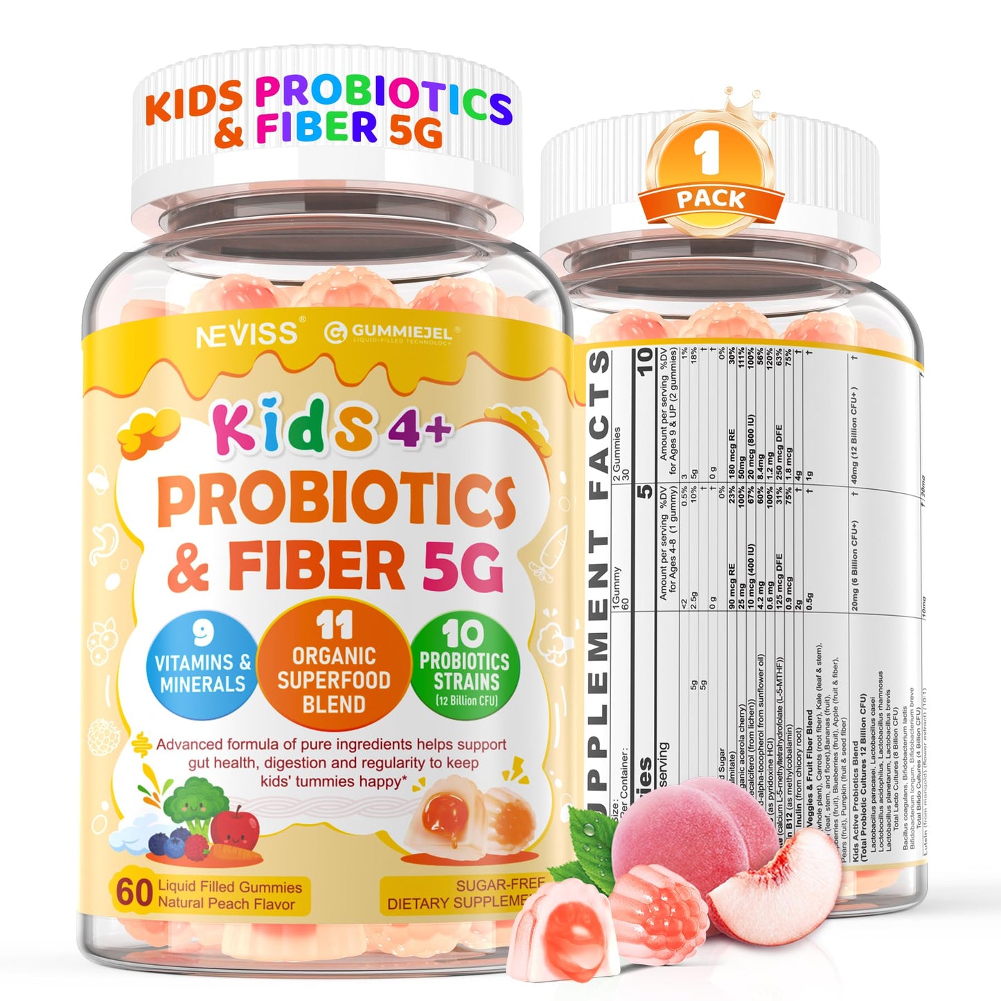 Kids Probiotic + Prebiotic Fiber Gummies 5G, 12 Billion CFU Probiotic & Veggie Fruit Fiber, w/ Organic Inulin, Methyl B12 B6 D3 C, Lutein for Children's Digestive & Gut, - dailyvitalstore