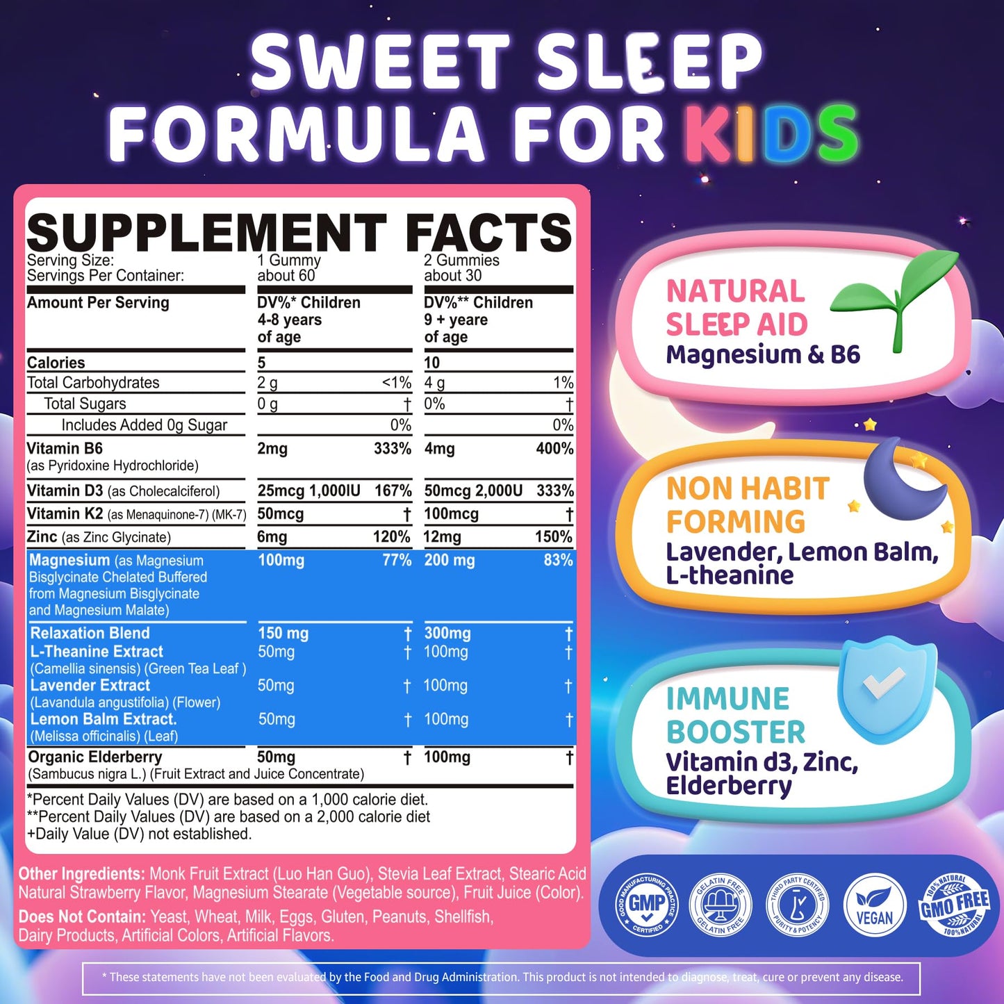 Kids Sleep Gummies, NO Melatonin Sleep Aid Gummies w/ Magnesium Glycinate, Magnesium Malate, L-Theanine, Lavender, B6, Zinc, D3K2 for Restful Sleep, Relax Brain & Muscle - dailyvitalstore