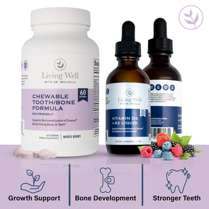 Kids Tooth & Bone Support Bundle | Chewable Calcium + D3 K2 & Liquid Vitamin D Supplement | Dentist-Developed | Strong Teeth, Enamel & Bone Health for Kids | Fluoride-Free, Non-GMO, Gluten-Free - dailyvitalstore