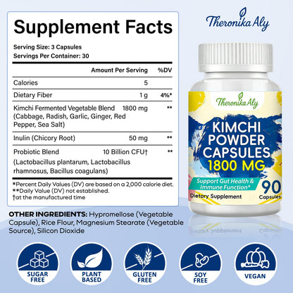 Kimchi Probiotic Capsules, Fermented Kimchi Powder with 10 Billion CFU Probiotics & Prebiotic Inulin, Gut Health & Digestive Support, Fermented Vegetable - dailyvitalstore
